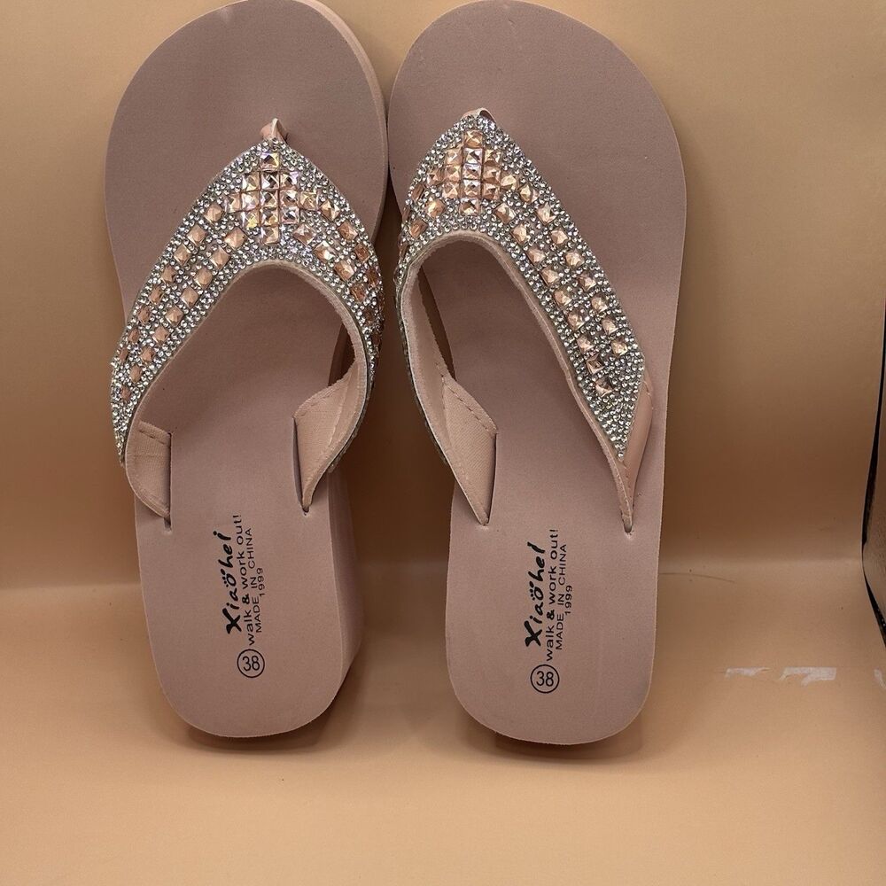 Xiaobel Rhinestone Bling Platform  Flip Flops Mid Heel Rose Gold Size 38 Summer